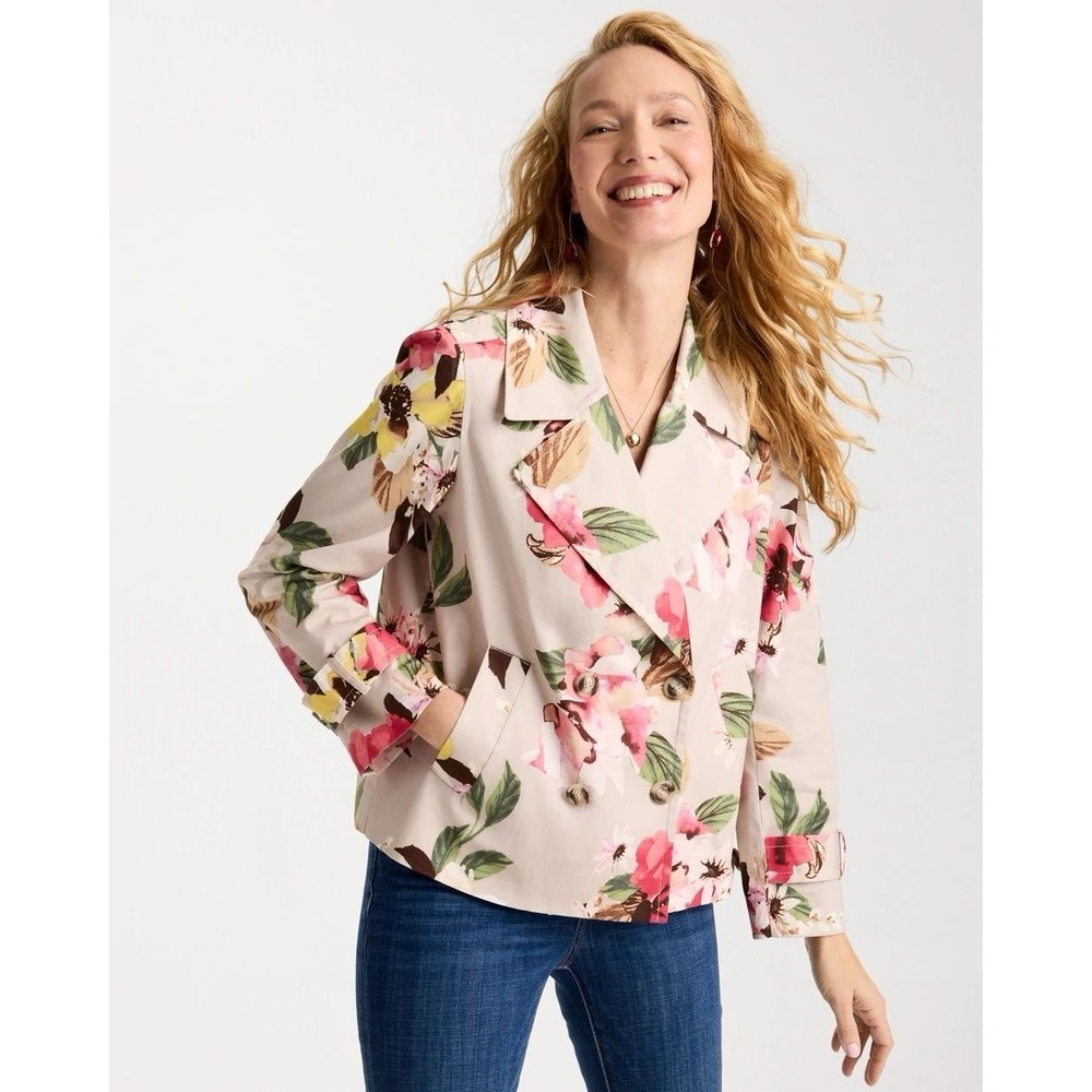 Chico's Cotton-Stretch Floral Trench Coat Smokey Taupe MSRP $159